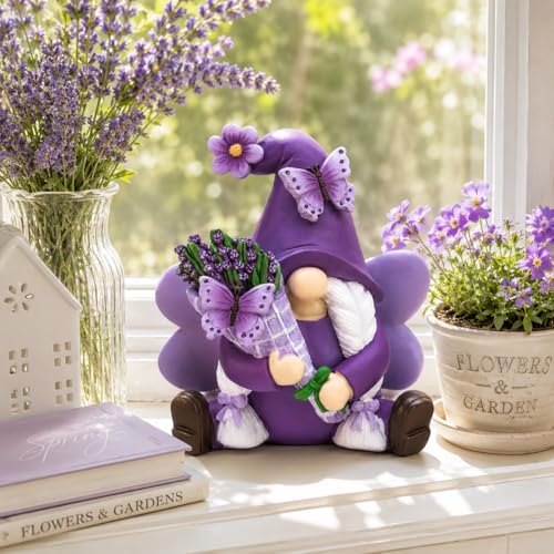 Lavender Gnome Spring Summer Decor, Fairy Garden Purple Gnome with Butterfly & Lavender Bouquet, Gnome Gifts for Women Retirement Birthday Home Office Tabletop Tiered Tray Decor - color: Purple