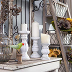 NIKKY HOME Rustic Pillar Candle Holder Set of 3 - Farmhouse Wood Candlestick Stand for Mantle, Fireplace, Dining Table Centerpieces, Distressed White - color: Distressed White