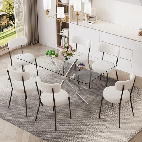 7 Piece Rectangular Glass Dining Table Set, 63'' Modern Kitchen Table Set Silver Base with 6 Minimalism White Boucle Dining Chairs, Dining Table and Chairs for Home, Apartment - color: Silver+white Chairs, size: 63'' + 6 Chairs
