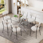 7 Piece Rectangular Glass Dining Table Set, 63'' Modern Kitchen Table Set Silver Base with 6 Minimalism White Boucle Dining Chairs, Dining Table and Chairs for Home, Apartment - color: Silver+white Chairs, size: 63'' + 6 Chairs