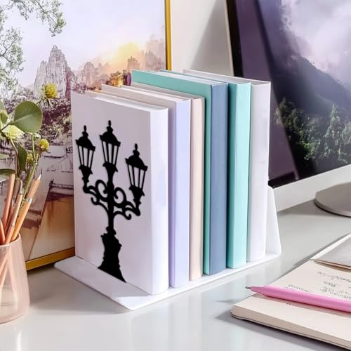 Peacoblue Metal Bookends for Shelves, Modern Decorative Heavy Duty Study Book Support Stoppers for Office, Desk, Shelf, Room 5.3"x4.3"x7.3" Cast Iron Simple Tall Bookends, 1 Pair (Street Lamp) - style: Street Lamp