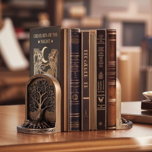 Vintage Bronze Finish Tree of Life Bookends Set, 2 Non-Skid Heavy Bookends for Shelves or Bookcase, Decorative Bookends for Desktop Shelf Decor, Library Office Decor, Home Décor Gift - color: Antique Bronze, size: Small