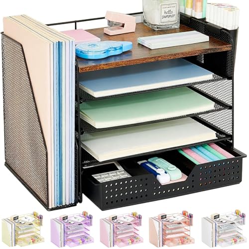 OPNICE Desk Organizer, 5-Tier Paper File Organizer with Drawer & Pen Holder, Office Desk Accessories, Workspace Desktop Organizer for Office Supplies(Brown Wood) - color: Brown Wood, size: 5-Tier