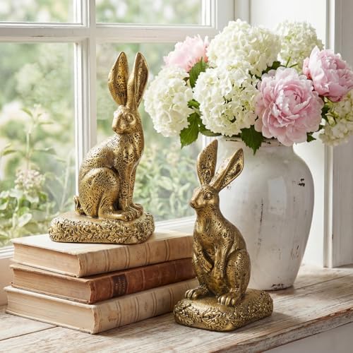 Rabbit Bookends, Decorative Bunny Book Ends for Shelves, Unique Rabbit Figurine Bookends, Heavy Resin Book Holder for Bookshelf Home Office Nursery Decor (Gold) - color: Gold