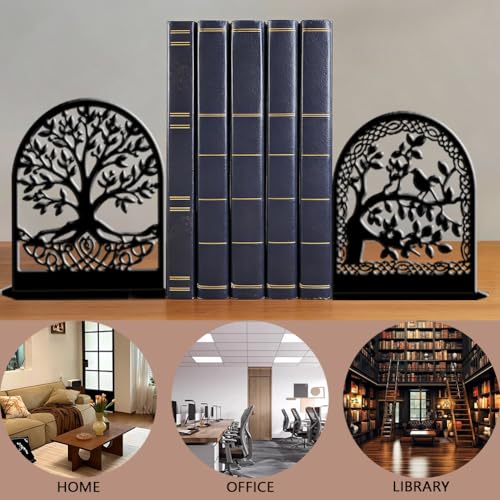 2Pcs 2 Styles Metal Tree Bookends Black Book Stopper Tree of Life Pattern Black Decorative Heavy Duty Metal Book Ends for Shelves Home Office Desk Organizer Stylish 7.48 x 6.3 x 1.18 Inch - color: Tree of Life