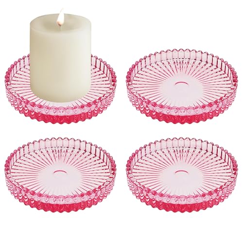 3.8 Inch Pink Glass Pillar Candle Holder Plates Set of 4 Coaster Holder Round Candle Stand for Table Centerpieces, Wedding,Party,and Home Decor - color: Pink