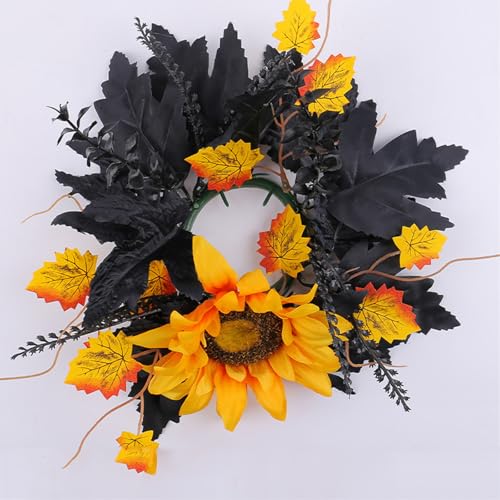 Halloween Candle Rings Wreath Fall Candle Rings Artificial Leaves Wreaths for Halloween Party Decorations 2 Pack Rose Skull Black Wreaths for Home Art Decor