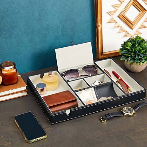Juvale Nightstand Organizer Tray - 14 x 10 x 1.5 in, Black Faux Leather - Valet Tray for Men with 6 Compartments for Watch, Jewelry & Keys - color: Black