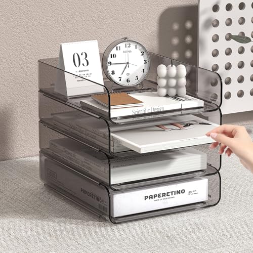 FANXIYQ 4-Tier Acrylic Paper Tray Organizer | Clear Stackable Desk Organizer for Documents, Letters, A4 Paper | Modern Office/Classroom/Home Organization,Brown - color: Brown