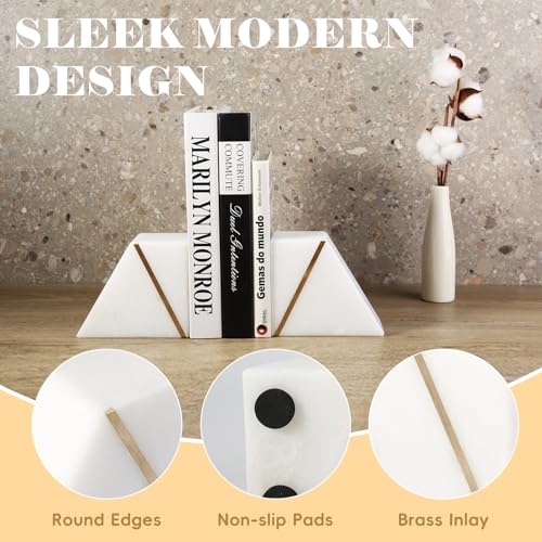 Natural Marble Bookends for Shelves, Decorative Book Ends for Heavy Books, Heavy Duty Mid Century Modern White and Gold Stone Book Holders with Brass Inlay, Unique Bookshelf Stopper Decor, Set of 2 - style: Art Deco