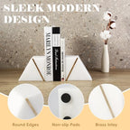 Natural Marble Bookends for Shelves, Decorative Book Ends for Heavy Books, Heavy Duty Mid Century Modern White and Gold Stone Book Holders with Brass Inlay, Unique Bookshelf Stopper Decor, Set of 2 - style: Art Deco