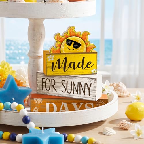 Lineshading 4 Pcs Summer Table Decoration Wooden Sun Beach Tiered Tray Decor Summer Centerpiece Rustic Wood Made for Sunny Day Block Sign Gifts Beach Decorations for Home Kitchen Office Coffee Bar - style: Sun