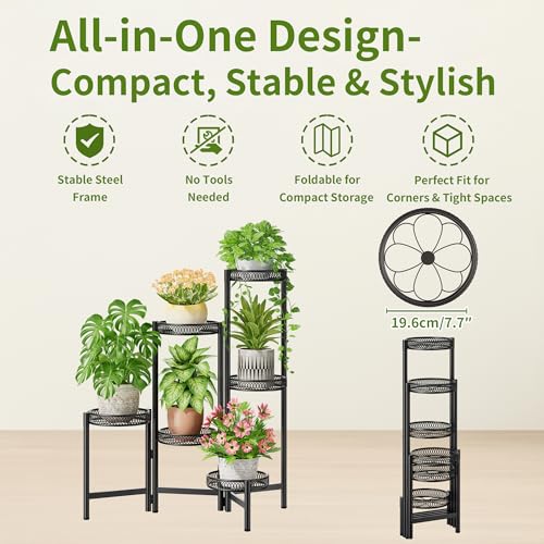 6 Tier Large Plant Stand Indoor with 7.9-Inch Wide Drainage Tray, Tiered Corner Metal Outdoor Flower Display Holder Shelf, Folding Tall Rack for House Patio Porch Balcony Graden - BlackFlower - color: BlackFlower, size: 6-Tiers