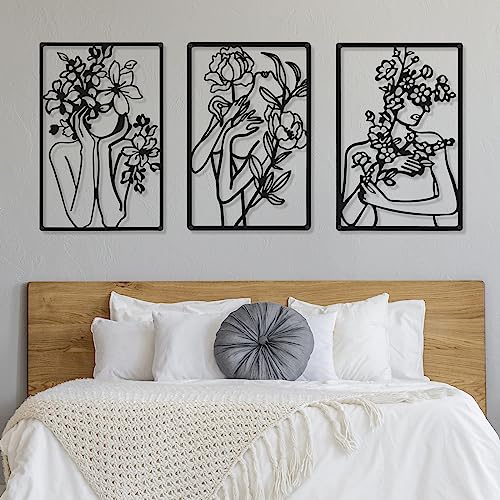 CHENGU 3 Pieces Metal Minimalist Abstract Woman Wall Art Line Drawing Wall Art Decor Single Line Female Home Hanging for Kitchen Bathroom Living Room - style: Modern