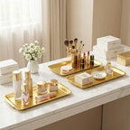 3 Pack Gold Stainless Steel Serving Platter, 14.2” Large Rectangle Metal Camping Plate Tray with Handles, Vanity Organizer Trays for Dining, BBQ, Buffet, Party, Appetizer Serving