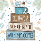Lineshading 4 Pcs Summer Table Decorations Beach Coffee Bar Wooden Block Sign Blue Rustic Coastal Tiered Tray Decor with Coffee Cup Summer Centerpieces Decor for Beach Nautical Party Office Home - style: Beach