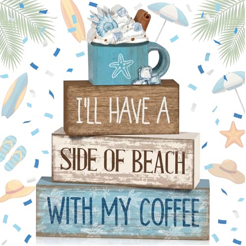 Lineshading 4 Pcs Summer Table Decorations Beach Coffee Bar Wooden Block Sign Blue Rustic Coastal Tiered Tray Decor with Coffee Cup Summer Centerpieces Decor for Beach Nautical Party Office Home - style: Beach