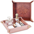 2 Pack Valet Tray, PU Leather Valet Tray Can Be Used As Key Bowl, Cologne Organizer for Men and Travel Jewelry Box, for Key Earphone Phone Coin Change Watches (8.6 * 8.6'' Brown + Pink)