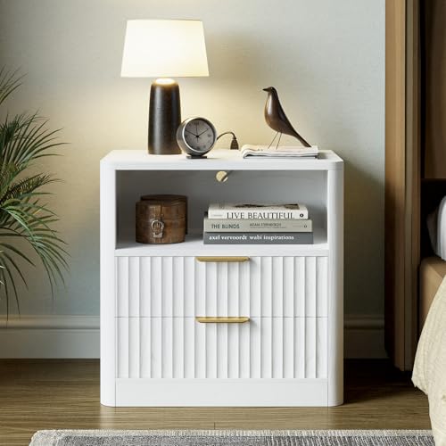 IRONCK Fluted Night Stand Set of 2, Modern Nightstand with Charging Station, Drawers and Open Shelves - Bedside Table Wood Side Table Set for Bedroom, White - color: White