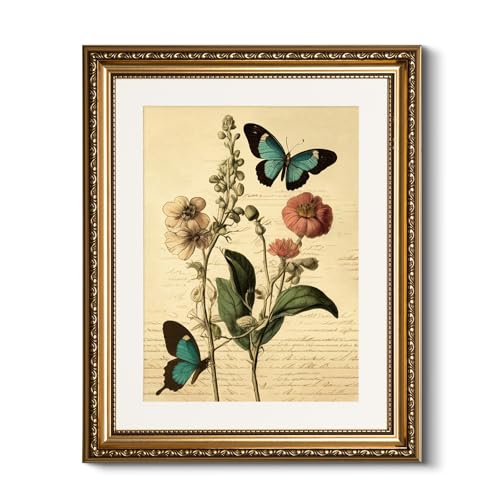 HUARCEY Vintage Butterfly Botanical Framed Canvas Wall Art 13x16, Embossed Gold Frame Classic Floral Insect Illustration Print, Traditional Elegant Living Room Bedroom Home Decor - color: Blue Morpho, size: 16"L x 13"W