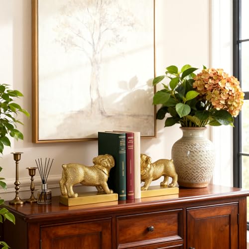 Decorative Bookends for Shelves, Dog Book Ends for Heavy Books, Bulldog Statues Bookends for Heavy Books with Anti-Slip Base Book Holders for Home Office Decor (Gold) - color: Gold
