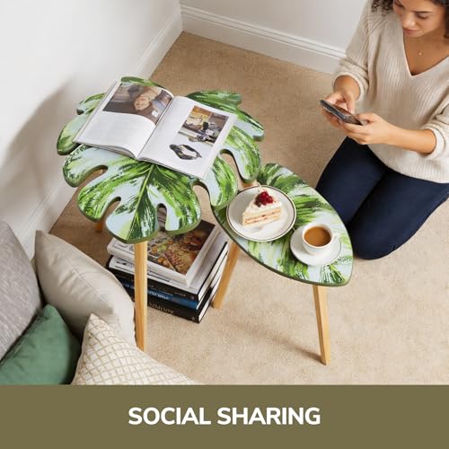 BAMEOS Monstera Leaf Nesting Tables Set of 2, Small Side Tables f Set with Leaf Vein Pattern, Modern Wooden CoffeeTables for Living Room Bedroom Apartment Balcony Yard - color: Green Monstera