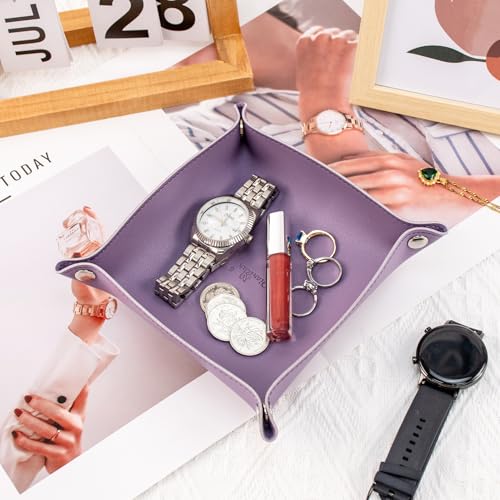 SANQIANWAN PU Leather Arc Edge Jewelry Valet Tray for Man and Women, Portable Mini Entryway Table Tray Bedside Nightstand Desk Tray Small Travel Dish Plate for Key,Wallet,Watch,Coin (Purple) - color: Purple