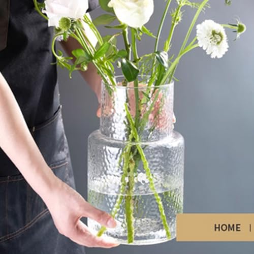 Ribbed Vase Glass Fluted Flower - Esmiome Clear Vases Modern Flower Vase Decorative with Big Capacity Pot Large Wide for Flowers Home Office Wedding, Office, Living Room, Table,Shelf, 6.3''(W)*10''(H)