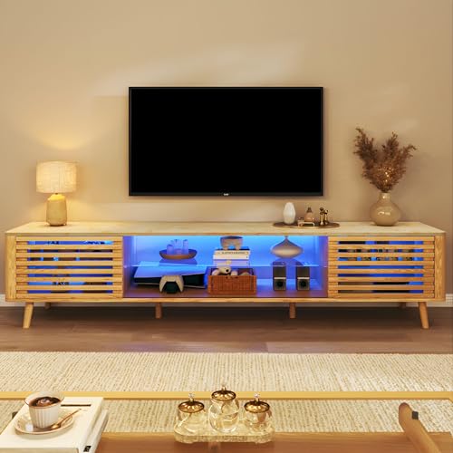 HUAHUU 70" TV Stand for 55/65/75 Inch TV, Faux Marble Top Entertainment Center with Slatied Sliding Door & LED Lights, Mid Century Modern Style, Low TV Console with Glass Shelves for Bedroom