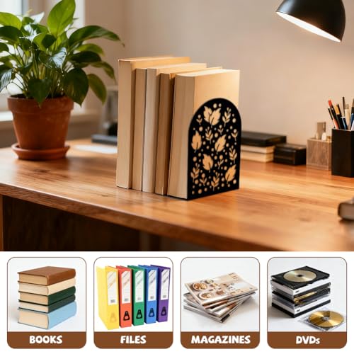 Peacoblue Metal Bookends for Shelves, Modern Decorative Heavy Duty Study Book Ends Stoppers for Office, Desk, Shelf, Room 5.3"x4.3"x7.9" Cast Iron Simple Tall Bookends 1 Pair (Leaf Nature Silhouettes) - style: Leaf Nature Silhouettes