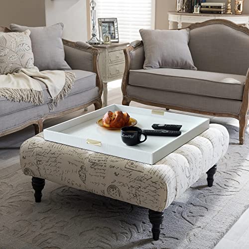 HofferRuffer Extra Large Square Serving Tray, Elegant Faux Leather Ottoman Tray with Gold Hardware Handles, Serve Tea, Coffee or Breakfast in Bed, 23.6 x 23.6 inches, White Large Square - color: White, size: 23.6" x 23.6" x 2"