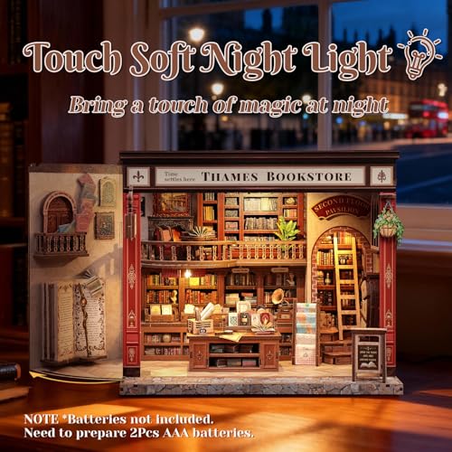 CUTEFUN DIY Book Nook Kit, 3D Puzzle Creative British Library Bookend Bookshelf Decor for Adults Teens, Magic Bookshop Miniature Kit with LED & Dust Cover, Gifts for Book Lovers (Thames Bookstore) - style: Thames Bookstore