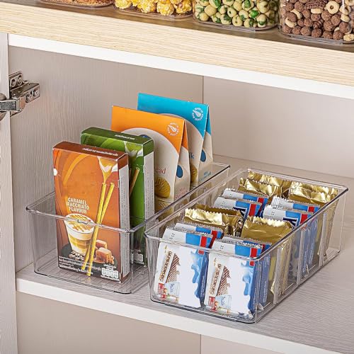 Vtopmart 6 Pack Food Storage Organizer Bins, Clear Plastic Bins for Pantry, Kitchen, Fridge, Cabinet Organization and Storage, 4 Compartment Holder Packets, Snacks, Pouches, Spice Packets - style: 6pack