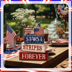 CroBlissful 5 Pcs 4th of July Decorations Patriotic Memorial Day Tabletop Decoration Forever Red White Blue Table Centerpieces Sign for Office Tiered Tray Home Shelf 250th Anniversary - style: Forever