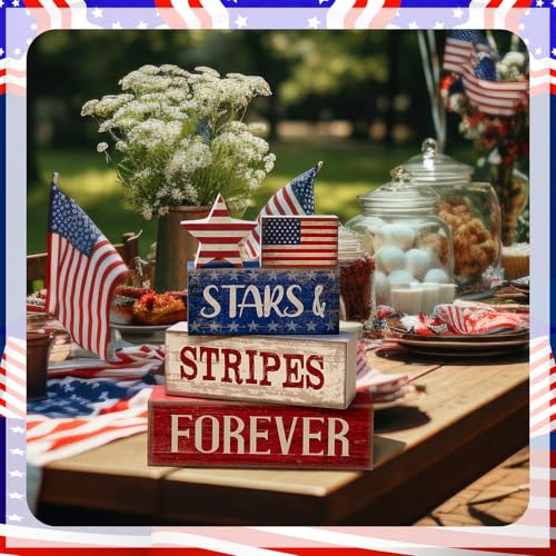 CroBlissful 5 Pcs 4th of July Decorations Patriotic Memorial Day Tabletop Decoration Forever Red White Blue Table Centerpieces Sign for Office Tiered Tray Home Shelf 250th Anniversary - style: Forever