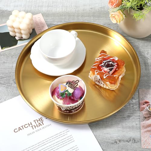 3 Pcs 12 Inch Gold Round Serving Tray, Stainless Steel Decorative Plate for Jewelry Makeup Organizer, Vanity Bathroom Coffee Table Dessert Display
