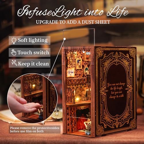 Cutefun Book Nook Kit Library, DIY Miniature Booknook Kit for Adults, 3D Wooden Puzzle Bookend Bookshelf Decor with LED Light & Dust Cover Christmas Crafts Gifts for Book Lovers (Eternal Bookstore) - style: Eternal Bookstore