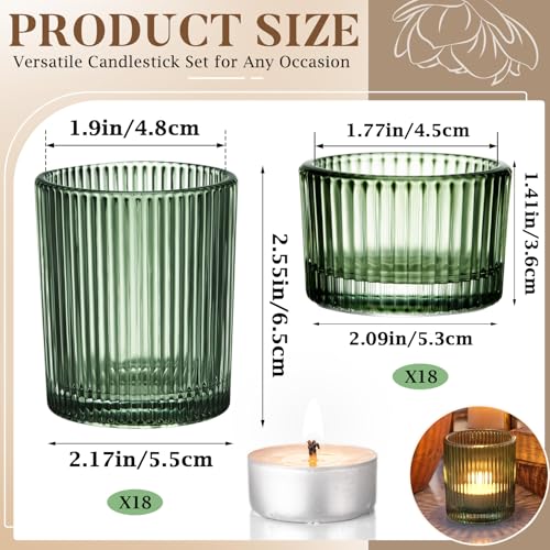 36 Pcs Vintage Green Ribbed Glass Tealight Holders Bulk, 18 Large & 18 Small Candle Holders for Christmas, Table Centerpieces, Wedding Decor, Birthday & Home Party Ambiance