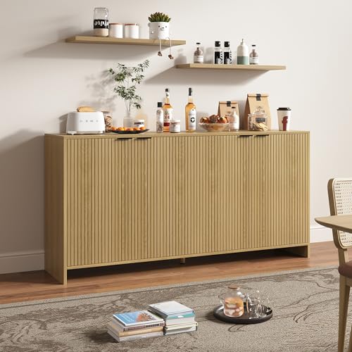 BVIUNTWO Fluted TV Stand for TVs up to 70", Modern TV Console with Storage Cabinet, Entertainment Center with Adjustable Shelves & 4 Doors for Living Room, Natural Oak