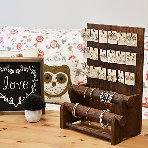 Ikee Design 18 Hooks and 2 Removable Bars Wood Jewelry Holder Organizer Stand, Earring Bracelet Jewelry Display Stand Organizer, Necklace Bracelet Holder, Brown Color - color: 5) Brown, 2 Bars, 18 Hooks
