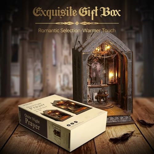 Book Nook DIY Gothic Miniature Kit, Wooden Rolife Miniature Kit with 3D Structure and Bookend Design for Adults, DIY Miniature House Kit for Bookshelf Decor and Gift