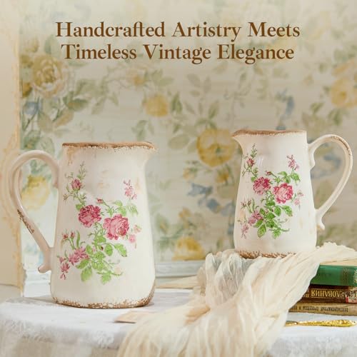 Retro Rustic Large Ceramic Vase with Handle, Distressed Farmhouse Pitcher for Home, Ideal Shelf Decor, Red Rose Floral Vase for Living Room Bedroom Office Table Centerpiece Decorations 9 Inch - color: Pink Flora, size: Large Pitcher