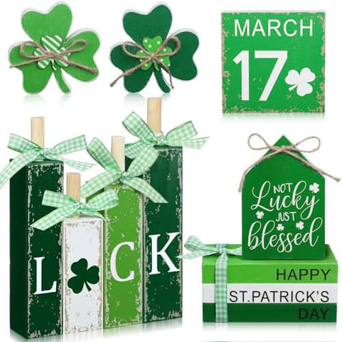Vercraft 11 Pcs St. Patrick's Day Table Decorations Wood Faux Books Irish Table Top Decor Clover Wooden Sign Centerpiece for St. Patrick's Day - style: Clover