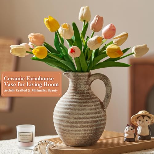 Ceramic Flower Vase Rustic Terracotta Vase with Handles Neutral Clay Pitcher Antique Vase for Home Decor,8 Inch Farmhouse Boho Vases for Living Room,Dining Table,Enterway,Shelf,Fireplace - size: 8''