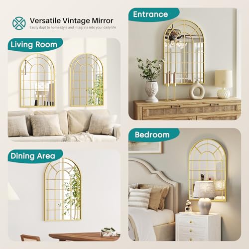Arched Gold Wall Mirror - 24"x36" Arch Window Pane Mirror for Wall Decor, Gold Metal Framed Decorative Mirrors for Entryway, Living Room, Dining Room, Bedroom, Fireplace - color: Gold 02- Window Pane