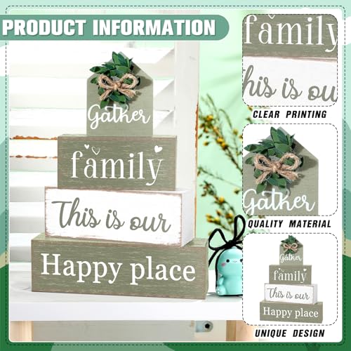 Cinnvoice 4 Pcs Farmhouse Tabletop Decor Rustic Family Blessed Home Table Centerpiece This Is Us Sign for Kitchen Shelf Desk Fireplace Mantel Tiered Tray Decor(Gather Family This is Our Happy Place) - style: Gather Family This is Our Happy Place