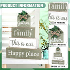 Cinnvoice 4 Pcs Farmhouse Tabletop Decor Rustic Family Blessed Home Table Centerpiece This Is Us Sign for Kitchen Shelf Desk Fireplace Mantel Tiered Tray Decor(Gather Family This is Our Happy Place) - style: Gather Family This is Our Happy Place