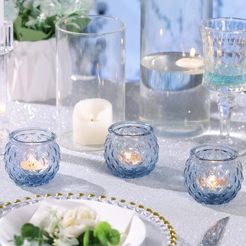 DARJEN 12Pcs Blue Votive Candle Holders - Round Glass Candle Holders Bulk for Tea Light Candle, Diamond Texture Candle Votives for Wedding Centerpiece, Party & Home Decor - color: Blue, size: 12PCS