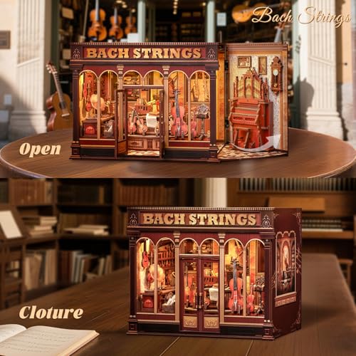 Fsolis Book Nook Kit - DIY Miniature House Kit for Adults, Bookshelf 3D Wooden Puzzles Booknook Music Tiny House Bookshelf Diorama Gifts for Women Readers Book Lovers (Bach Strings) - style: Bach Strings