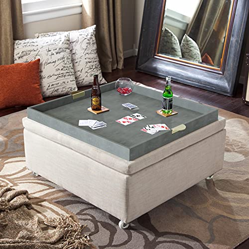 HofferRuffer Extra Large Square Serving Tray, Elegant Faux Leather Ottoman Tray with Gold Hardware Handles, Serve Tea, Coffee or Breakfast in Bed, 23.6 x 23.6 inches (Large Square) - color: Dark Grey, size: 23.6" x 23.6" x 2"